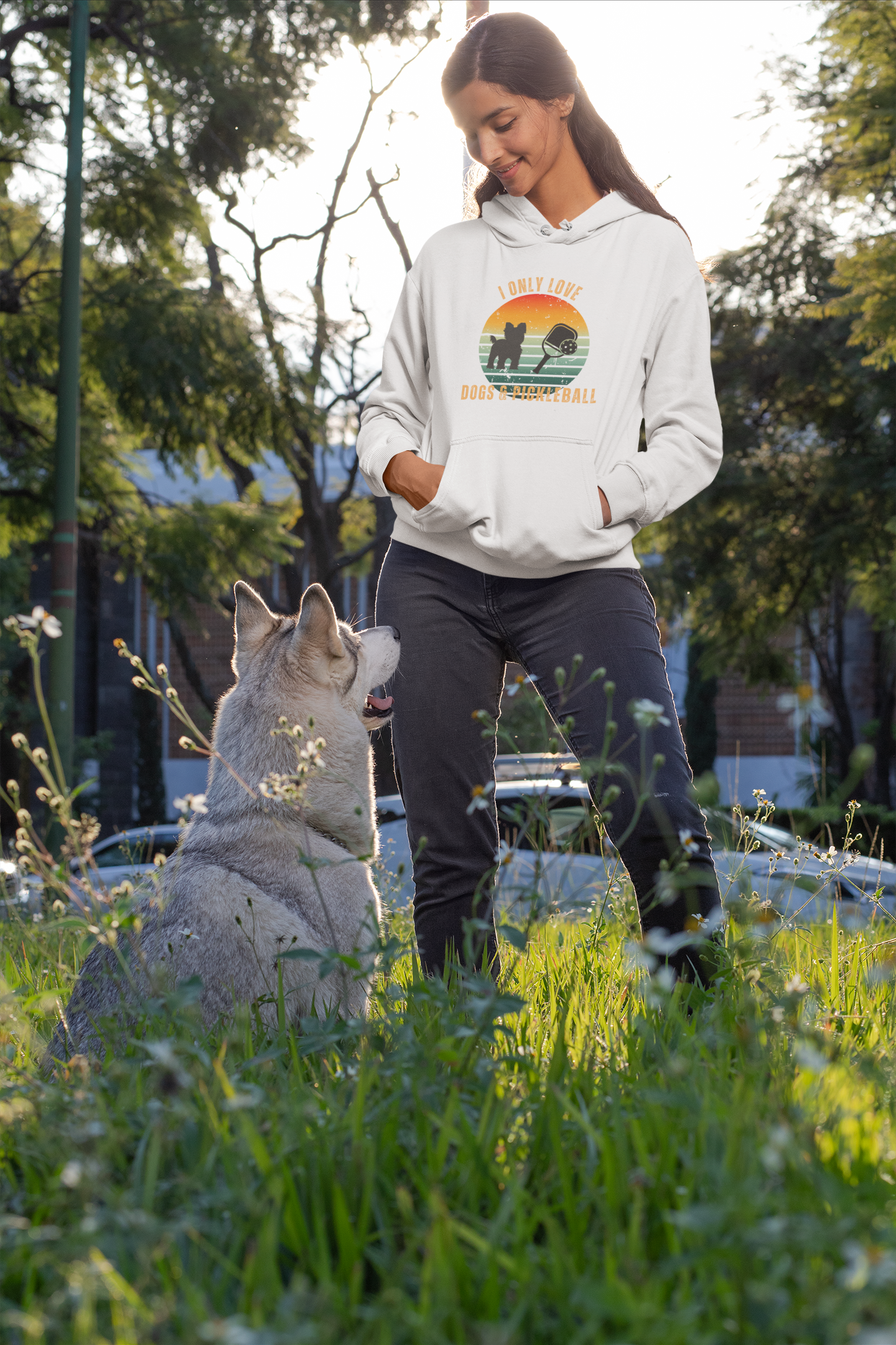 Retro Sunset Dog & Pickleball Hoodie – I Love Dogs Design